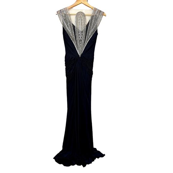Reem Acra Beaded Embellished Mesh Back Gown Navy Blue Size 4 - Picture 1 of 13